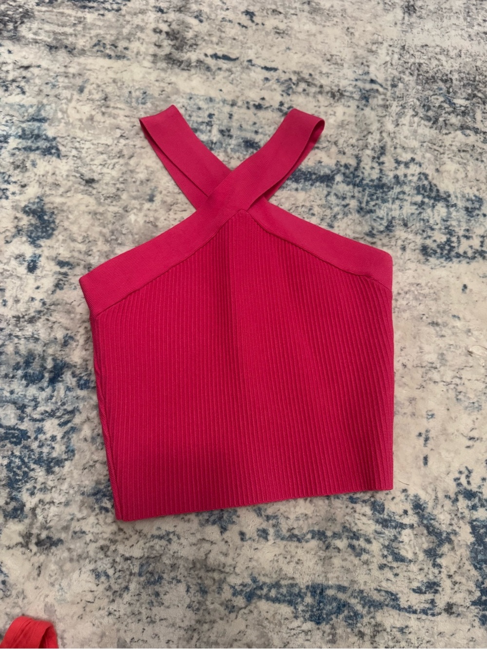 Cross-Back Ribbed Halter Tank Top - Hot Pink